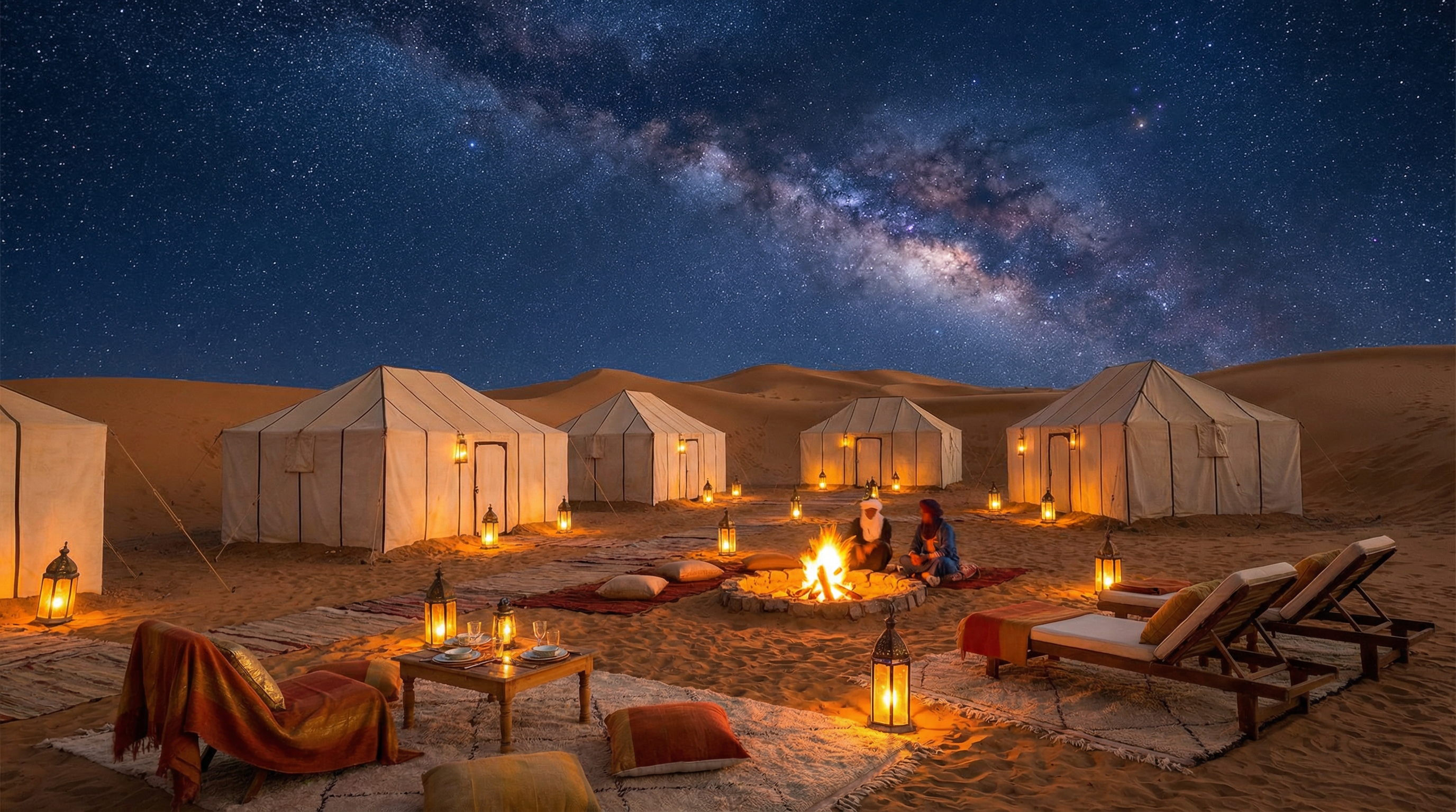 Luxury desert camp under starry sky