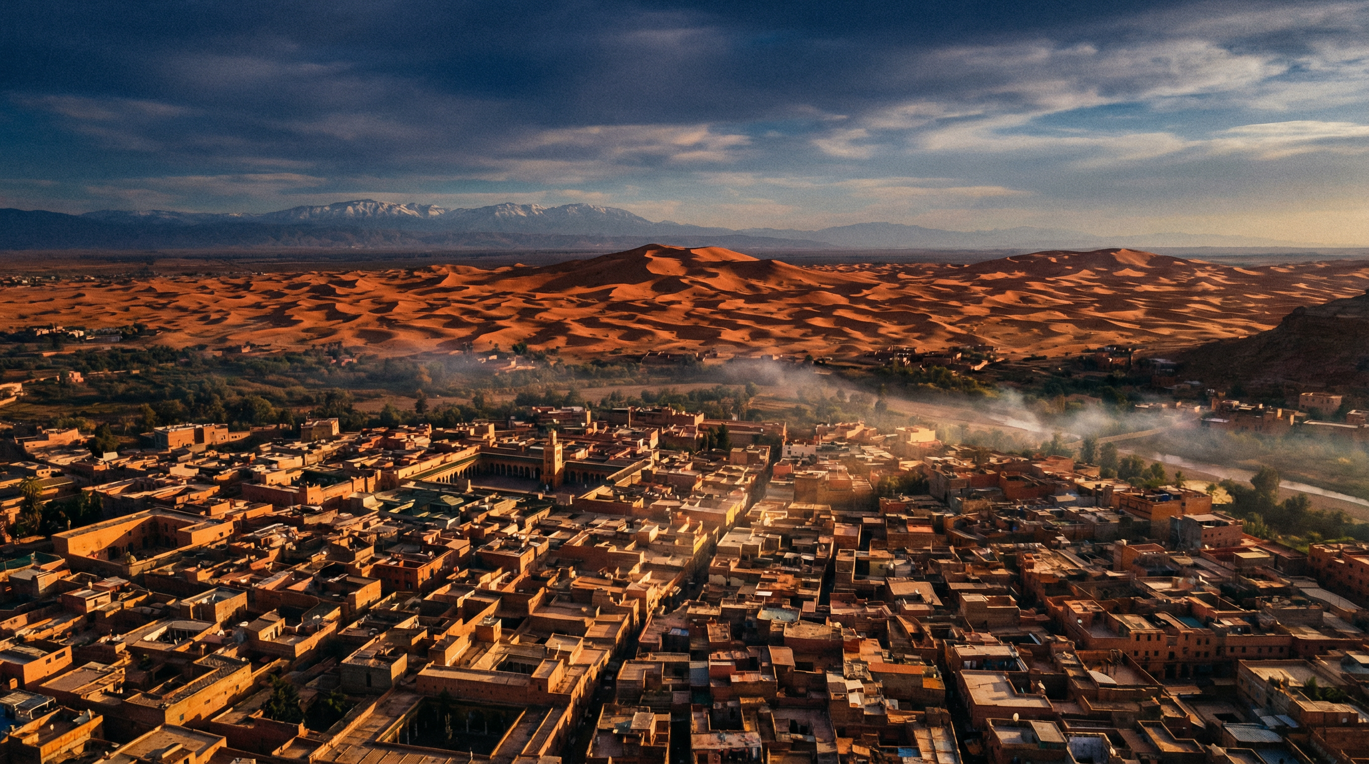 Aerial view of Morocco - ancient medina meets Sahara desert